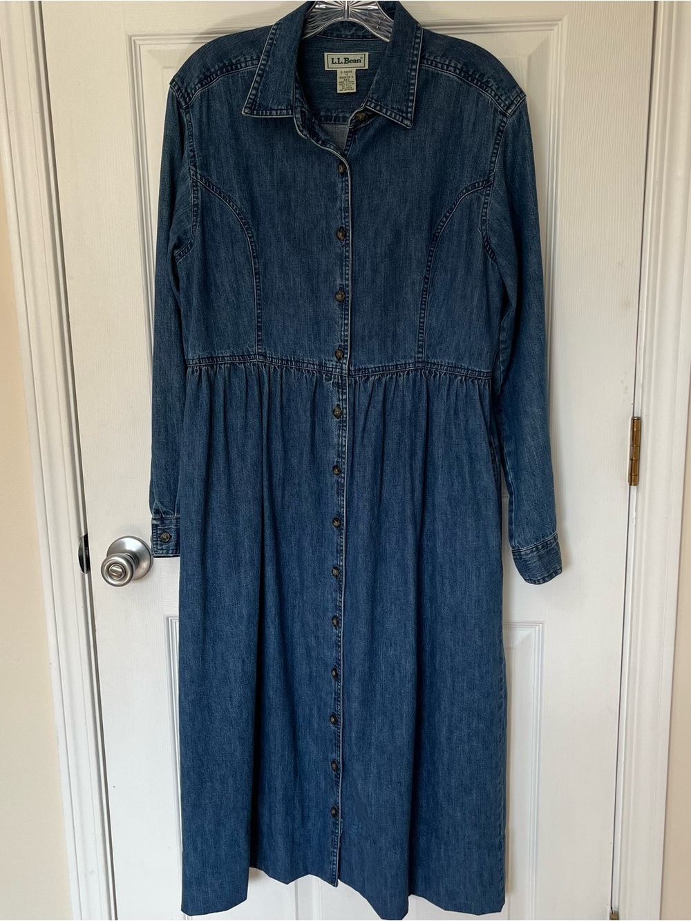 VTG LL Bean 90s Denim Shirt Dress Cotton Midi Button Front Long Sleeve Size 10